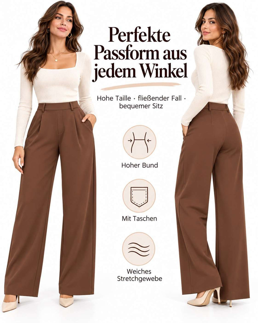 Damen High-Waist Stoffhose mit weitem Bein – Stretch & Elegant