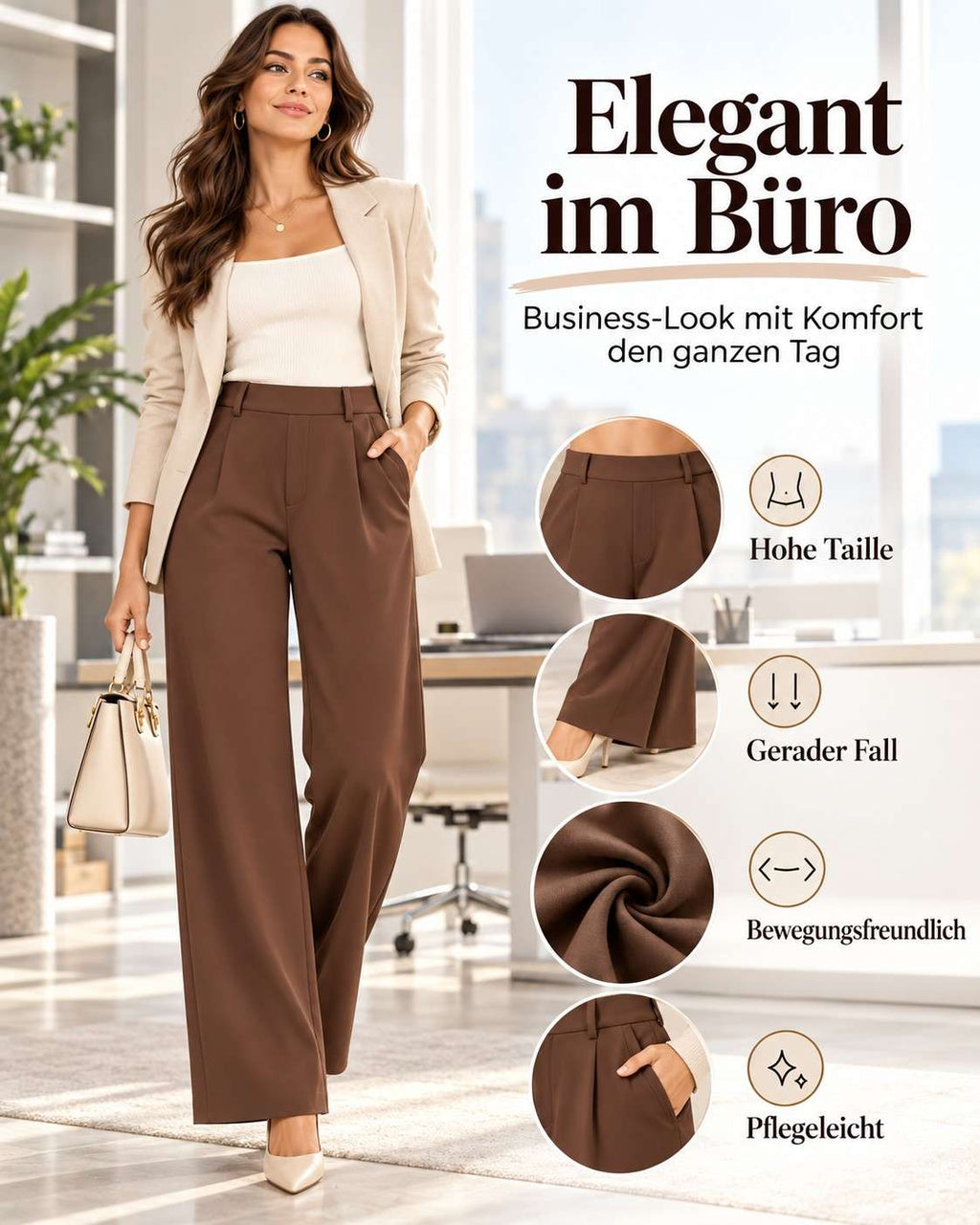Damen High-Waist Stoffhose mit weitem Bein – Stretch & Elegant