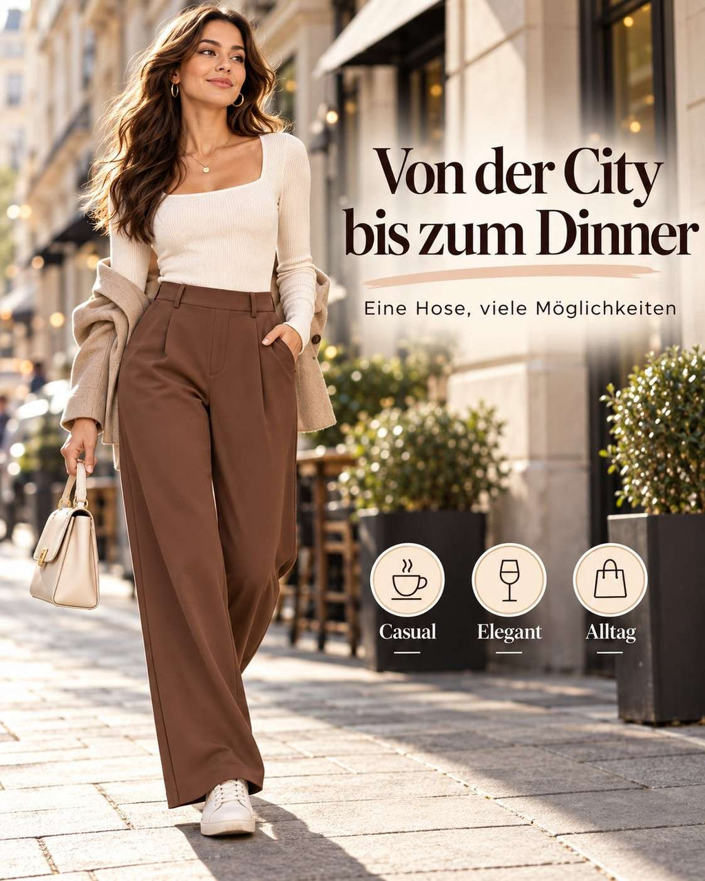 Damen High-Waist Stoffhose mit weitem Bein – Stretch & Elegant