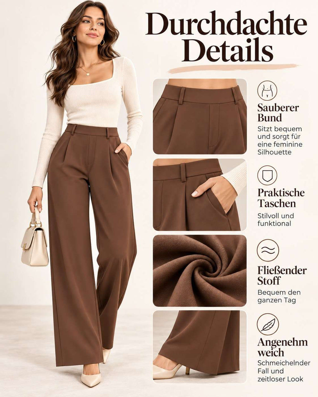 Damen High-Waist Stoffhose mit weitem Bein – Stretch & Elegant