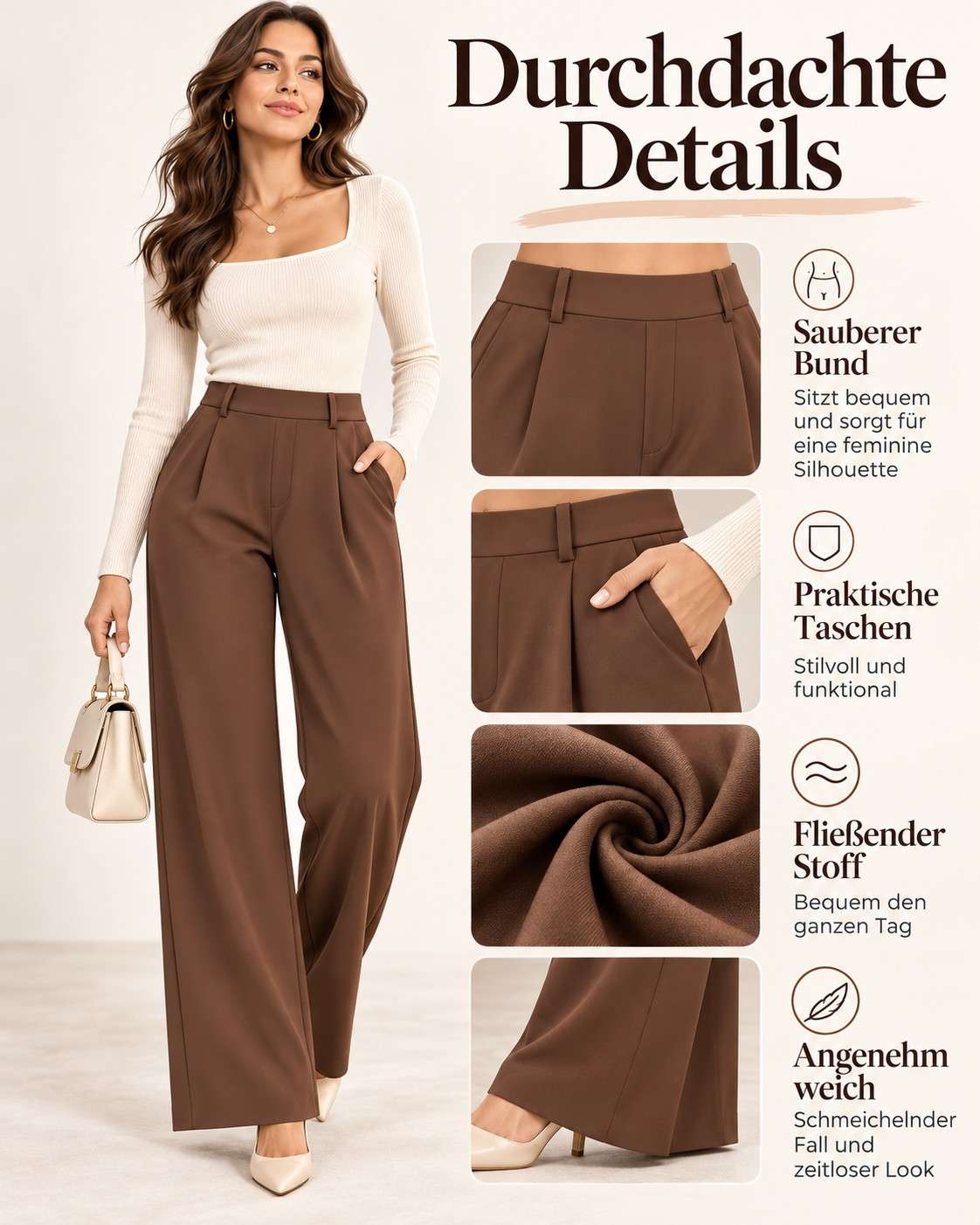 Damen High-Waist Stoffhose mit weitem Bein – Stretch & Elegant