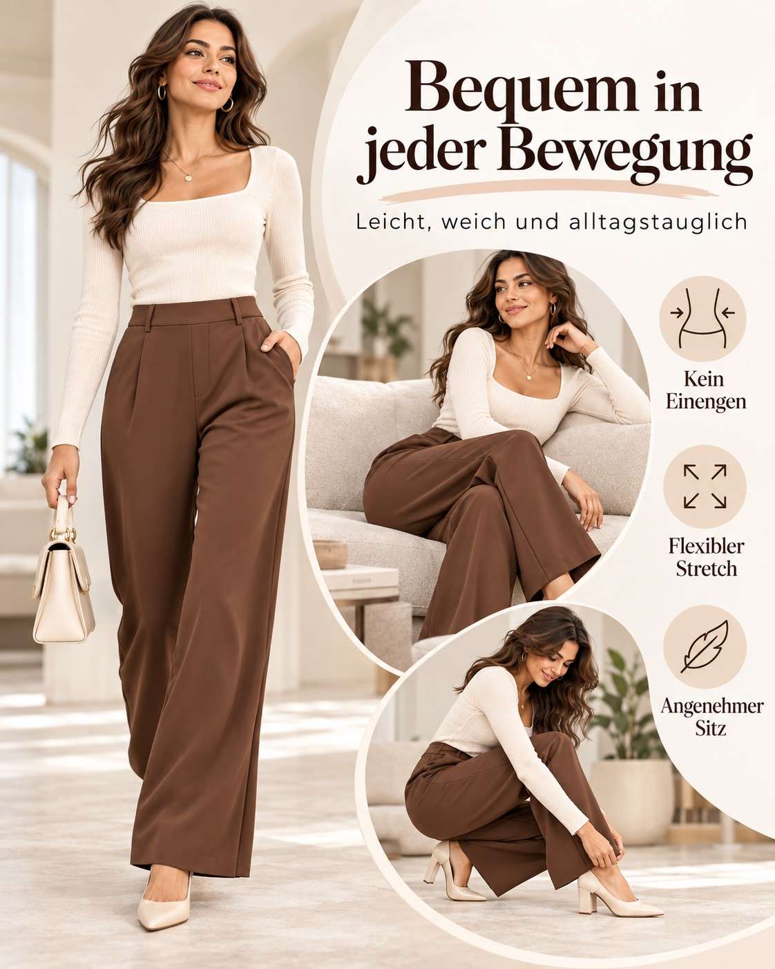 Damen High-Waist Stoffhose mit weitem Bein – Stretch & Elegant