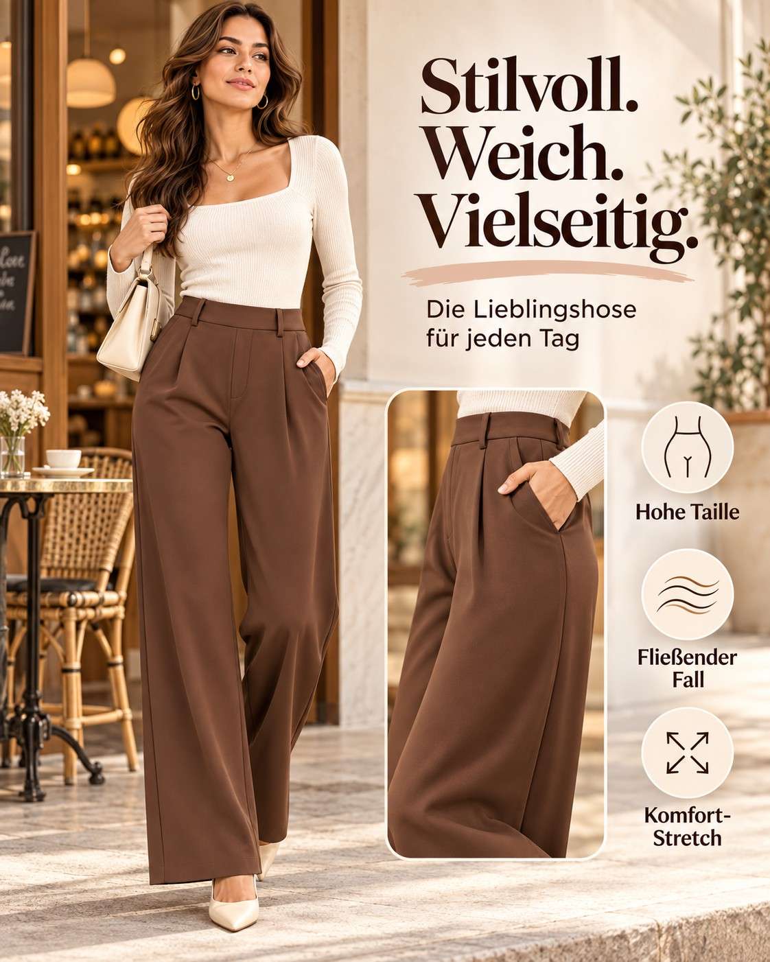 Damen High-Waist Stoffhose mit weitem Bein – Stretch & Elegant